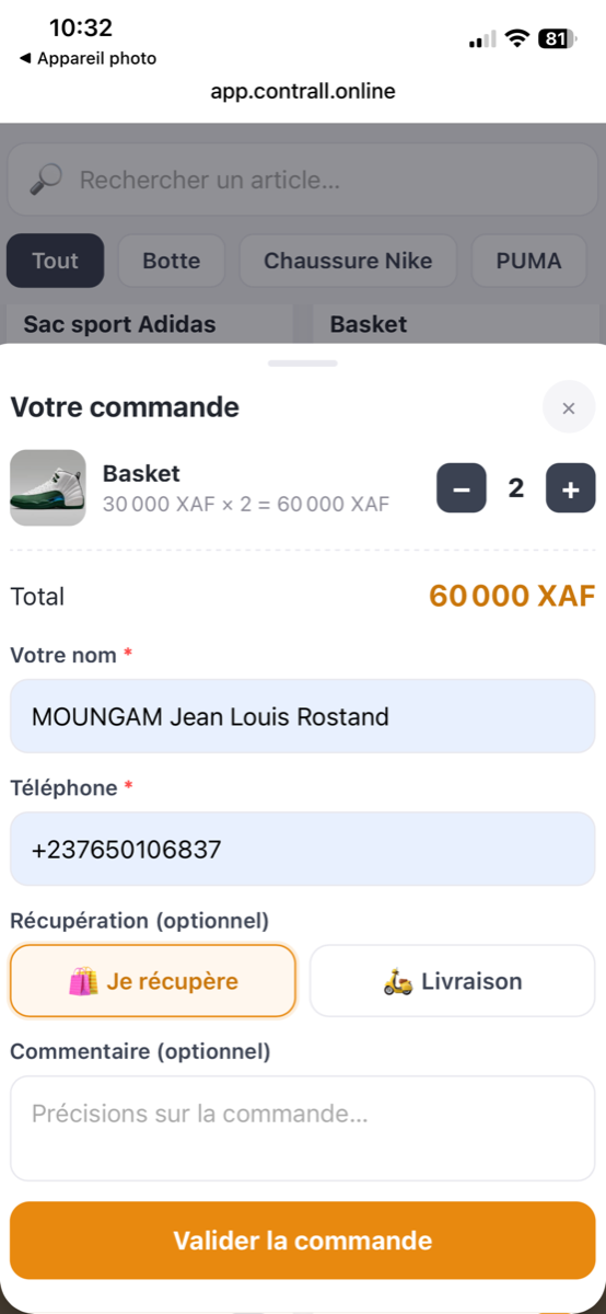 Validation de commande : nom, téléphone, retrait ou livraison
