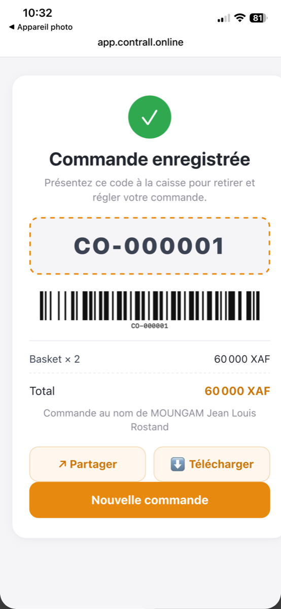 Commande enregistrée avec code CO-000001 à encaisser